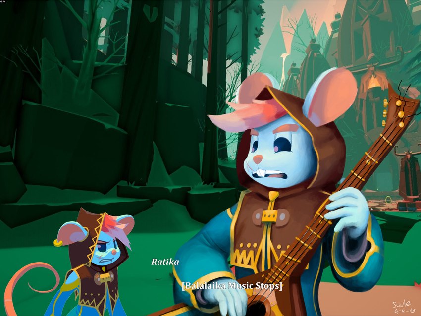 anthro clothed clothing detailed_background ears_through_headwear female game_background hair hoodie musical_instrument pink_hair text topwear suule omensight ratika mammal mouse murid murine rodent absurd_res hi_res