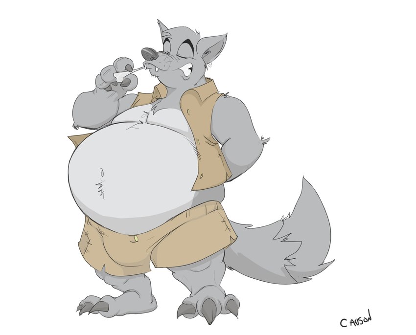 anthro belly big_belly bone bulge clothed clothed_anthro clothed_male clothing countershade_torso countershading fully_inside fur grey_body grey_fur male navel oral_vore overweight overweight_male picking_teeth sharp_teeth solo tail teeth vore canson canid canine canis mammal wolf 2018 colored hi_res signature