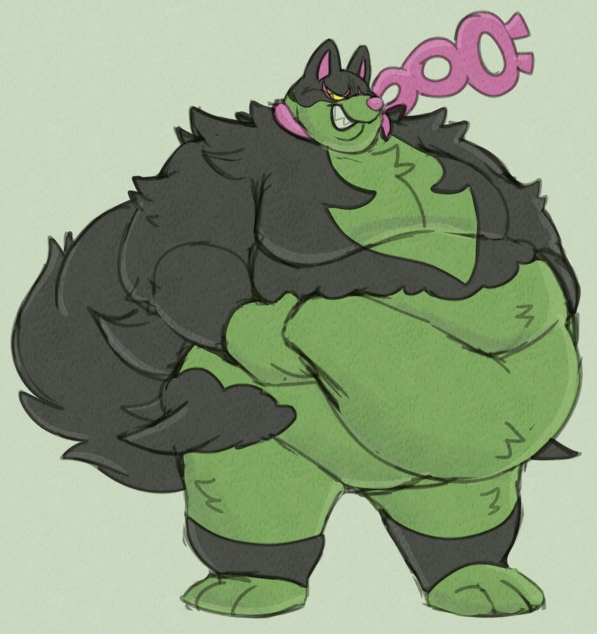 3_toes anthro belly big_belly black_body black_fur feet fluffy fluffy_tail fur green_body green_fur hand_on_belly holding_stomach male moobs multicolored_body multicolored_fur navel obese obese_anthro obese_male overweight overweight_anthro overweight_male pink_nose sharp_teeth solo standing tail teeth toes two_tone_body two_tone_fur yellow_sclera wiishyishii nintendo pokemon canid canine generation_9_pokemon legendary_pokemon mammal okidogi pokemon_(species) absurd_res hi_res