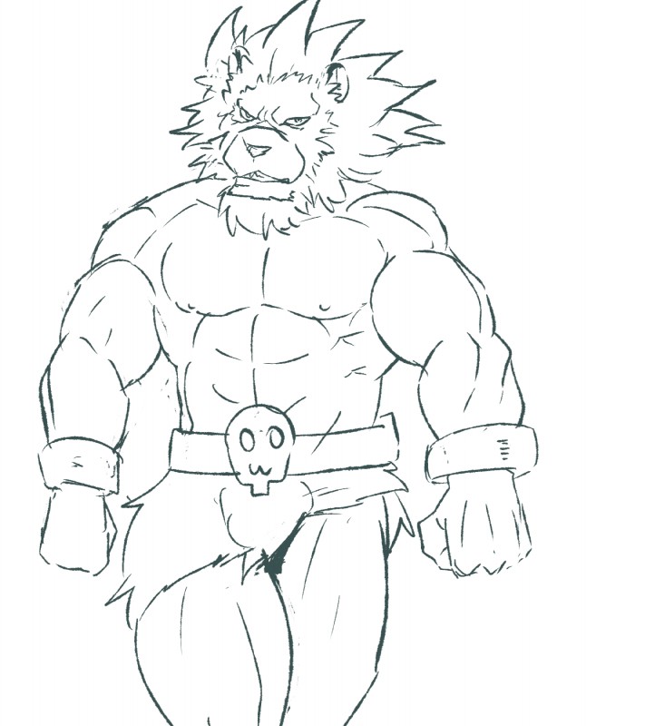 abs anthro biceps bottomwear bulge clothed clothing loincloth male manly muscular muscular_anthro muscular_male nipples pecs solo topless seitora capcom red_earth leo_(red_earth) felid lion mammal pantherine hi_res monochrome sketch