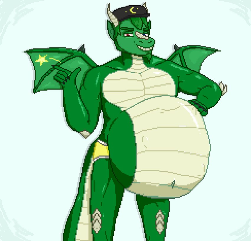 abdominal_bulge anthro anthro_pred belly big_belly butt claws clothing fully_inside fur glistening glistening_body glistening_eyes glistening_skin green_body green_fur green_skin hair hat headgear headwear horn male navel oral_vore pecs same_size_vore scales simple_background smile solo star tail teeth thorns underwear vore wings saranhe mythology mintmonkey dragon humanoid hybrid mythological_creature mythological_scalie scalie digital_media_(artwork) hi_res pixel_(artwork)