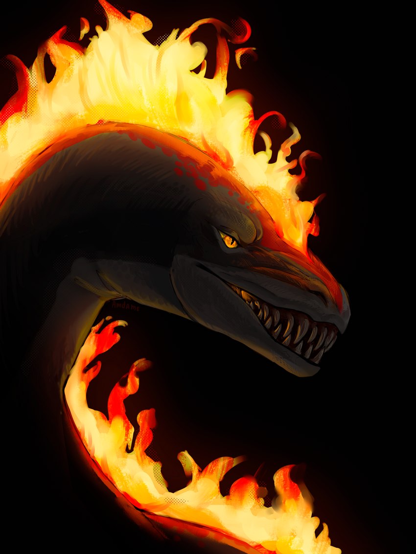 abstract_background ambiguous_gender black_body black_skin feral fire flaming_hair flaming_mane grey_body grey_skin open_mouth pseudo_hair pseudo_mane red_body red_skin solo teeth amdame mythology riven_(atrumpet) dragon mythological_creature mythological_scalie scalie 3:4 absurd_res hi_res portrait female_(lore)