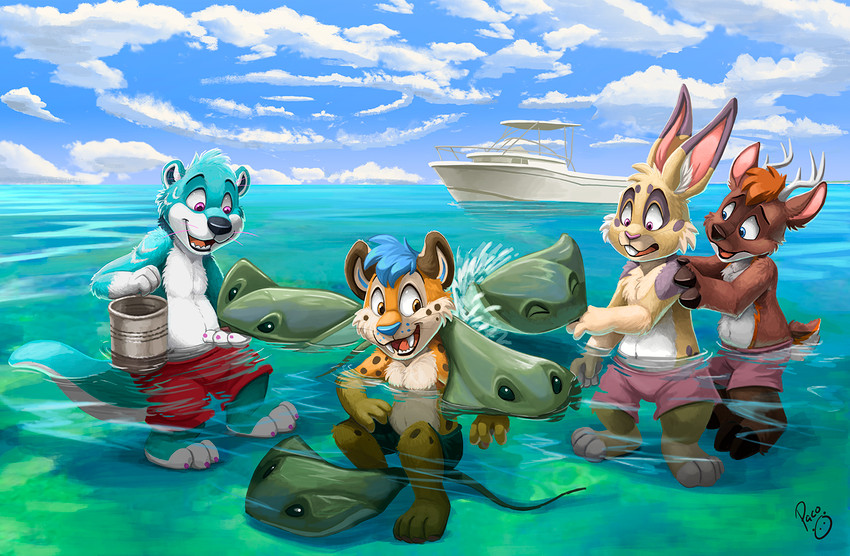 3_toes 4_fingers 4_toes amber_eyes anthro antlers barefoot biped black_eyes black_nose blue_body blue_eyes blue_fur blue_inner_ear blue_nose blue_sky blue_tail boat brown_body brown_fur bucket buckteeth cheek_tuft chest_tuft claws clothed clothing cloud cloven_hooves container countershade_face countershading crouching day detailed_background eyebrows eyes_closed facial_markings facial_tuft fangs feet feral finger_claws fingers fur gloves_(marking) green_clothing green_swimming_trunks green_swimwear group hands_on_shoulders happy head_markings head_tuft holding_object hooved_fingers hooves horn inner_ear_fluff long_ears looking_down male markings multicolored_body multicolored_fur navel ocean_floor open_mouth open_smile outside partially_submerged pink_claws pink_clothing pink_inner_ear pink_nose pink_swimming_trunks pink_swimwear plantigrade playful playing pointy_ears prick_ears purple_eyes red_clothing red_swimming_trunks red_swimwear round_ears sabertooth_(anatomy) scut_tail sea sea_floor ship short_tail sky smile splash spots spotted_body spotted_fur standing swimming_trunks swimwear tail tan_body tan_fur teeth teeth_showing toe_claws toeless_(marking) toes tongue topless topless_male tuft two_tone_body two_tone_fur two_tone_tail vehicle water watercraft white_inner_ear_fluff white_tail worried pandapaco buckleythedeer puck_(machairodontine) rabidrabbit56 sync_(mith) deer felid fish lagomorph leporid mammal marine mustelid otter prehistoric_species rabbit ray_(fish) saber-toothed_tiger stingray 2021 digital_media_(artwork) signature