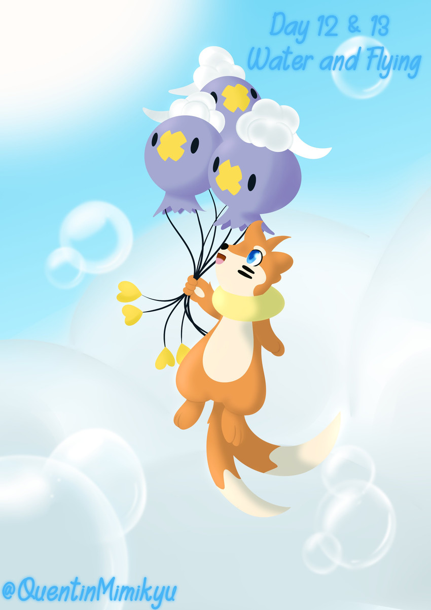 anthro cloud floating flying group male sky text quentinmimikyu inktober nintendo pokemon buizel drifloon generation_4_pokemon pokemon_(species) absurd_res english_text hi_res