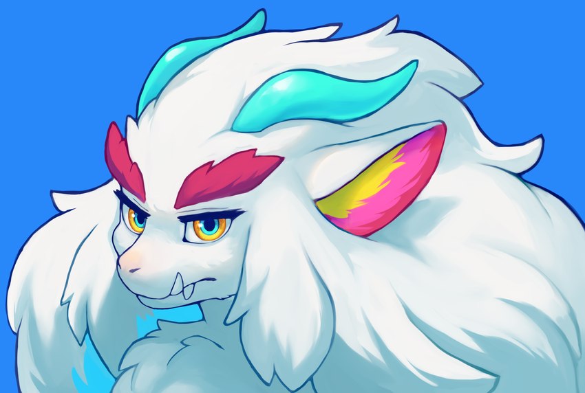 anthro blue_eyes color_swatch fangs feet female female_anthro fluffy fluffy_hair fur hair horn kemono looking_at_viewer markings solo teeth toes white_body white_fur yellow_eyes color_fox amaverse ikaika chimera kimera absurd_res headshot_portrait hi_res portrait shaded soft_shading