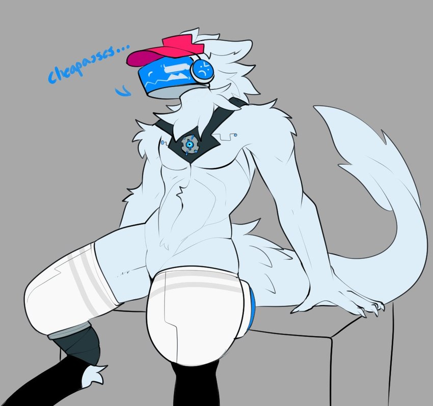 annoyed anthro clothing empty_eyes fur hat headgear headwear machine male nude red_clothing red_hat red_headwear robot_legs simple_background sitting smiley_face solo tail white_body white_fur white_tail gatotacato slushie_(gatotacato) protogen digital_media_(artwork)