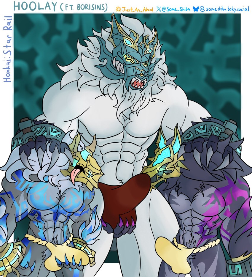 abs anthro armor aroused asian_clothing ball_grab balls balls_outline blue_markings bodily_fluids bulge clothed clothing cuff_(restraint) detailed_bulge east_asian_clothing erection erection_under_underwear fundoshi fundoshi_only fur genital_fluids genital_outline genitals grabbing_own_penis grey_body grey_fur group japanese_clothing male markings muscular muscular_anthro muscular_male penis_outline precum precum_through_clothing precum_through_fundoshi precum_through_underwear pubes purple_body purple_fur purple_markings red_clothing red_fundoshi red_underwear restraints size_difference tenting tongue tongue_out topless trio underwear underwear_only wet wet_clothing white_body white_fur wrist_cuffs yellow_clothing yellow_fundoshi yellow_underwear some_shiba honkai:_star_rail mihoyo eclipse_wolftrooper_(honkai:_star_rail) hoolay_(honkai:_star_rail) sableclaw_wolftrooper_(honkai:_star_rail) borisin canid canine canis mammal wolf hi_res