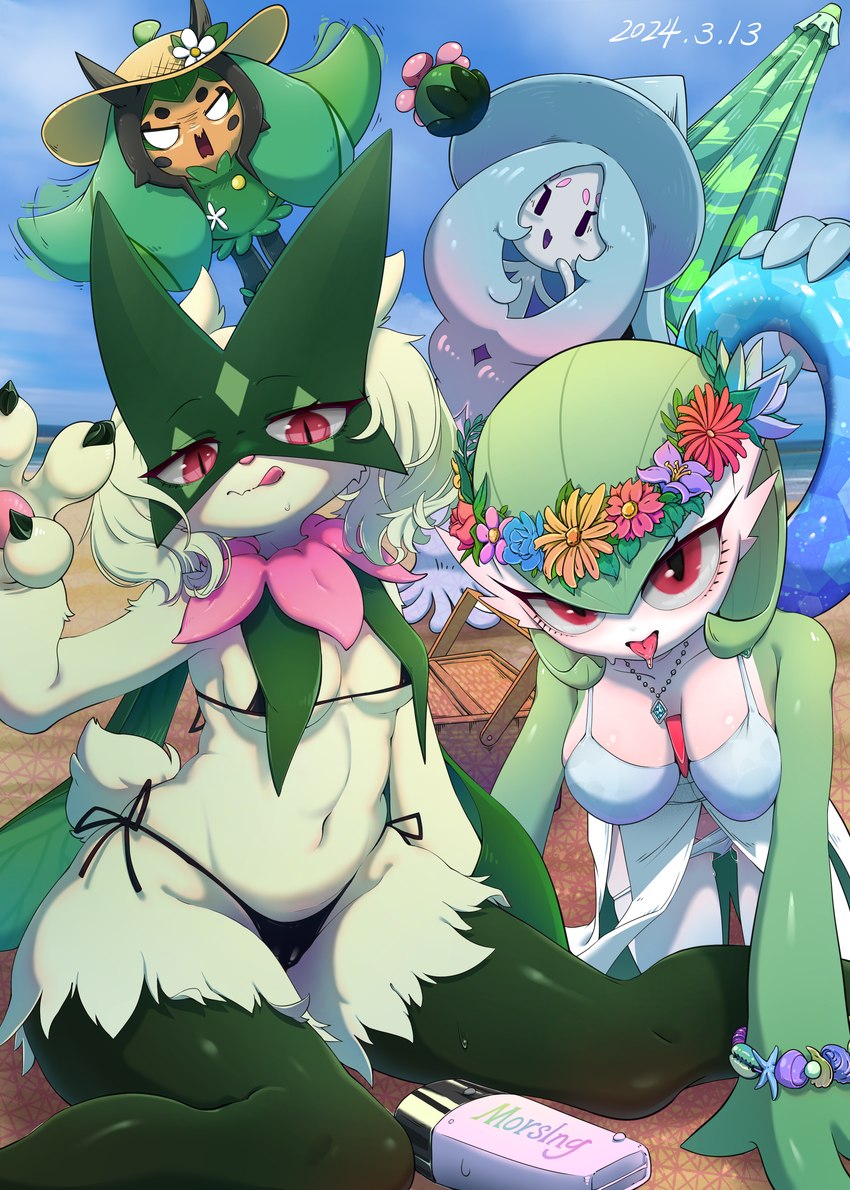 breast_curtains breasts chibi female medium_breasts simple_eyes thick_thighs thin_calves thin_legs thin_thighs wide_hips morslng nintendo pokemon gardevoir generation_3_pokemon generation_8_pokemon generation_9_pokemon hatterene legendary_pokemon meowscarada ogerpon pokemon_(species) absurd_res hi_res