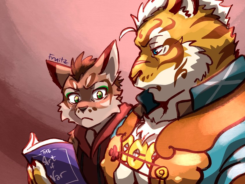 anthro blue_eyes book countershade_face countershade_fur countershading duo fur green_eyes holding_book holding_object interspecies male nipple_outline reading reading_book text fruitz girl_staring_at_man's_chest nekojishi studio_klondike lin_hu shu-chi deity felid feline leopard_cat mammal pantherine prionailurus tiger 2022 4:3 english_text meme