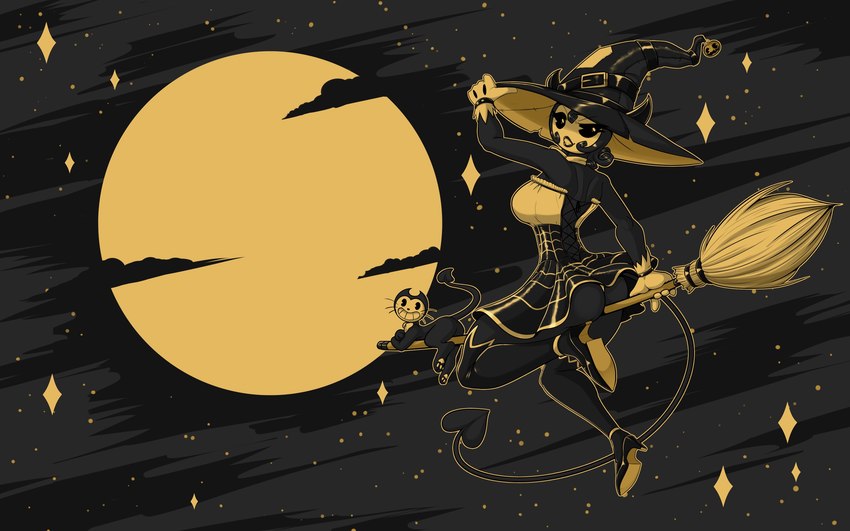 anthro broom butt cleaning_tool clothed clothing cloud crossgender female flying footwear full_moon gloves handwear hat headgear headwear high_heels holidays looking_back moon night open_mouth open_smile outside shoes smile solo star tail teeth text wearing_hat witch_costume witch_hat latiar bendy_and_the_ink_machine halloween bendy_the_dancing_demon bethany_(latiar) demon domestic_cat felid feline felis humanoid mammal 16:10 2021 absurd_res artist_name dark_theme digital_drawing_(artwork) digital_media_(artwork) hi_res monochrome wallpaper widescreen