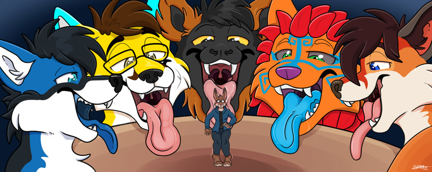 anthro extreme_size_difference group male male/male male_pred male_prey open_mouth oral_vore presenting seductive size_difference tongue uvula vore shadypixel ajax fatescanner ferox_(feroxdoon) kane-kitsune mantic zoomba canid canine canis domestic_dog felid feline fox husky lagomorph lemur leporid mammal nordic_sled_dog primate rabbit red_fox spitz strepsirrhine true_fox absurd_res hi_res