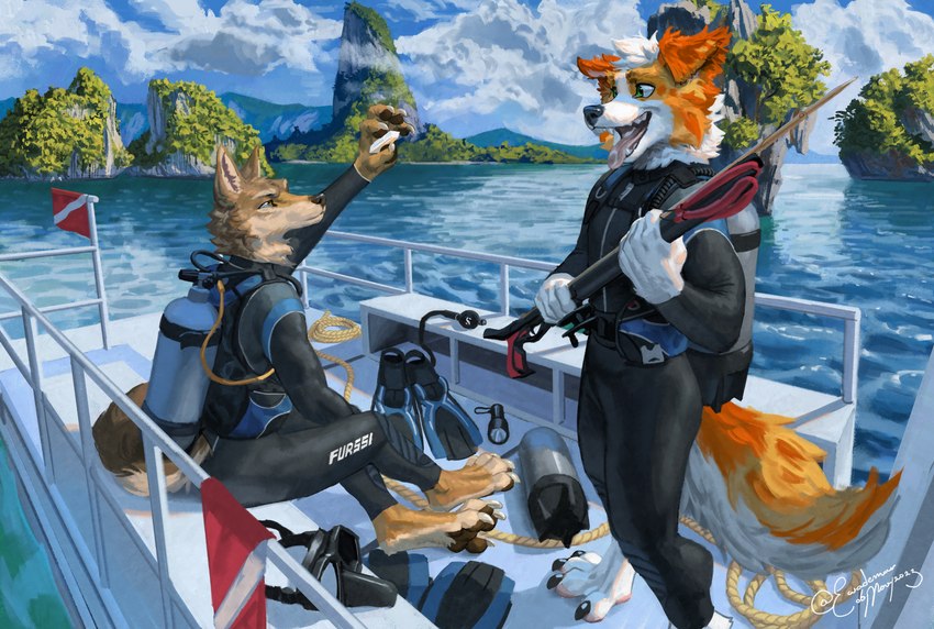 anthro boat diving duo island landscape male male/male mountain outside paws sea seascape sky vehicle water watercraft ewademar kanon_(applejacksville) tukamos_(character) australian_shepherd canid canine canis coyote domestic_dog herding_dog mammal pastoral_dog sheepdog absurd_res hi_res