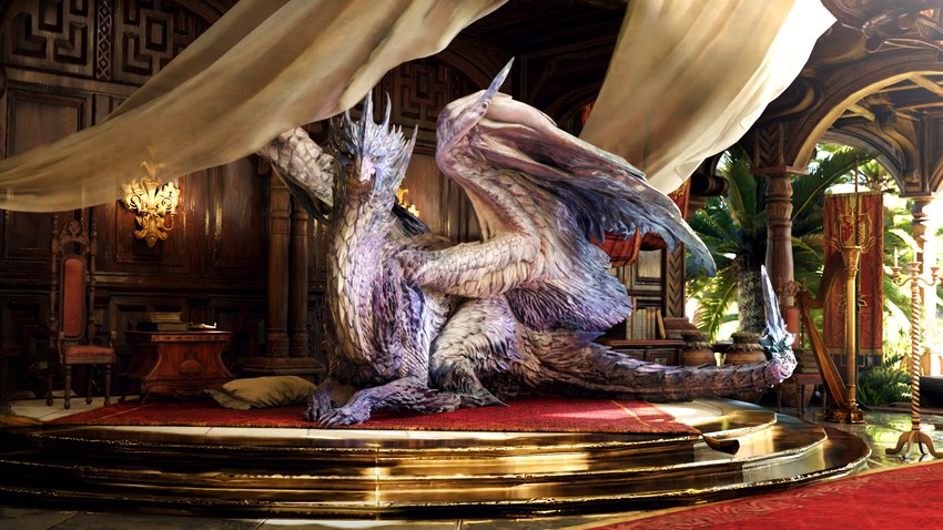 ambiguous_gender classy claws detailed_background feral furniture inside looking_at_viewer on_ground palm_tree photorealism plant scales sitting sitting_on_ground solo toe_claws tree white_body wings yellow_eyes ivorylagiacrus capcom monster_hunter elder_dragon scalie velkhana 16:9 2022 3d_(artwork) 4k absurd_res digital_media_(artwork) hi_res widescreen