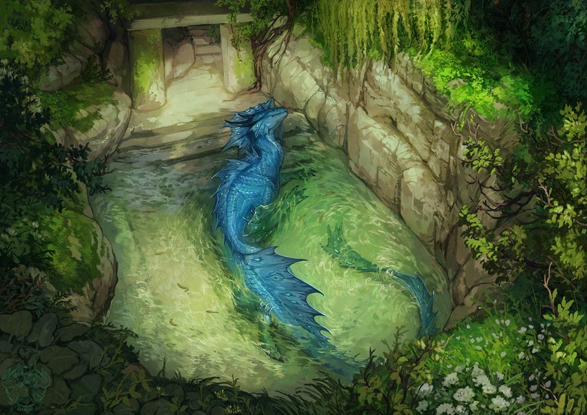 ambiguous_gender archway blue_body blue_membrane blue_scales caustics claws detailed_background detailed_scales digitigrade eyes_closed feral finger_claws flower frill_(anatomy) grass long_neck long_tail membrane_(anatomy) membranous_frill moss partially_submerged plant rock scales shadow snout solo tail toe_claws water allagar mythology zozia ambient_fish ambient_sealife aquatic_dragon dragon marine mythological_creature mythological_scalie scalie 2024 detailed hi_res shaded