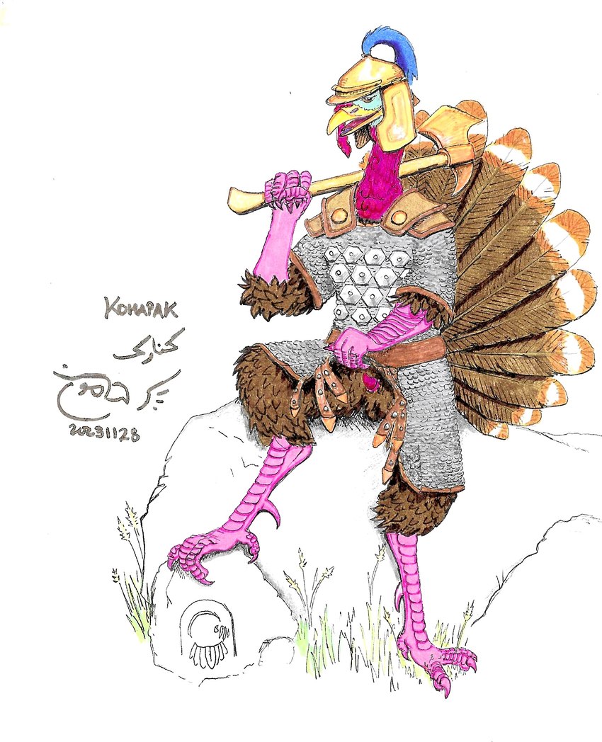 4_toes anisodactyl anthro armor avian_caruncle axe balls beak belt bronze bronze_(metal) bronze_weapon brown_body brown_feathers clothed clothing clothing_lift feathers feet flaccid genitals hand_on_weapon headgear helmet looking_at_viewer male open_mouth outside pauldron penis pink_body pink_scales raised_hackles rock scales scutes simple_background sitting smile snood_(anatomy) solo tail tail_feathers talons toes waddle weeds shabnack_(artist) tumeruk_(shabnack) avian bird galliform phasianid turkey 2023 hi_res signature traditional_media_(artwork)