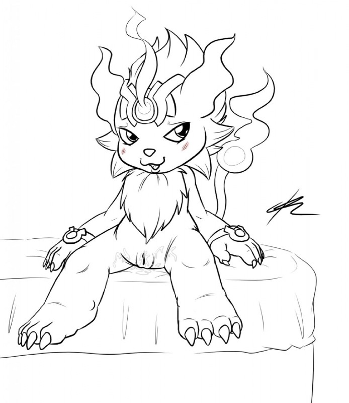 after_sex anthro bed biped bodily_fluids cum female fire flaming_tail furniture genital_fluids genitals looking_away nude on_bed open_mouth pussy sitting solo spread_legs spreading tail c0nnerc00n bandai_namco digimon coronamon digimon_(species) felid mammal hi_res line_art partially_colored signature