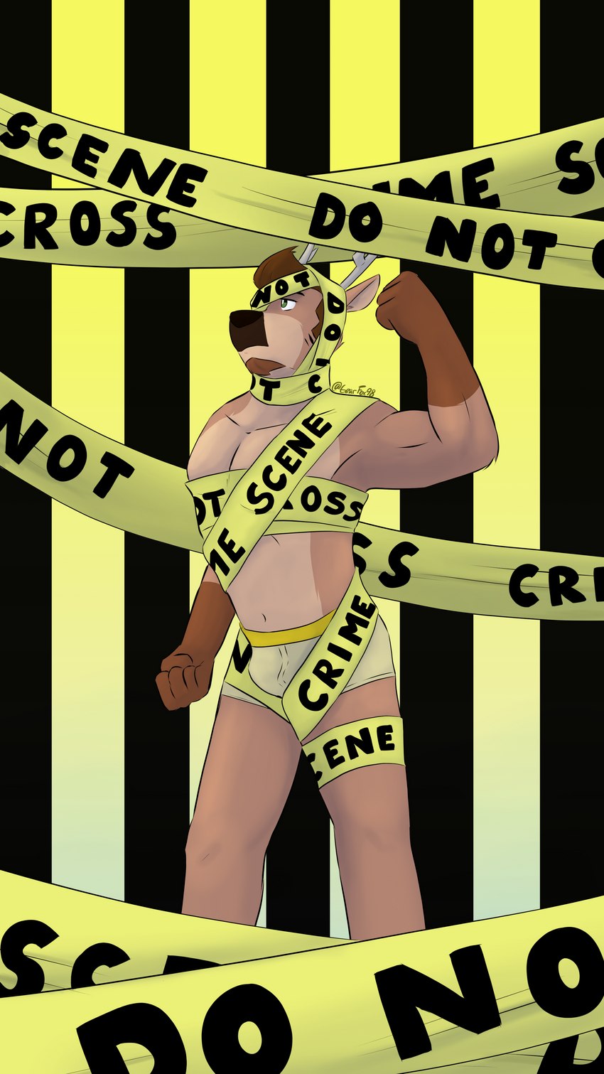 anthro antlers beard brown_hair bulge clothing crime_scene facial_hair flexing green_eyes hair horn male ribbons solo underwear gearfox98 hector_(gearfox98) deer mammal absurd_res digital_media_(artwork) hi_res