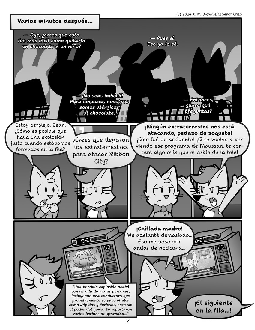 checkout comic_panel dvr electronics faceless_character female group humor male news news_reporter parody reporter store television text el_senor_erizo randall_maxwell-brownie no_debts_(comic) jazz_aristotle jean_blueeyes arctic_fox canid canine canis domestic_cat domestic_dog felid feline felis fox lagomorph leporid mammal rabbit true_fox absurd_res comic hi_res monochrome spanish_text translated