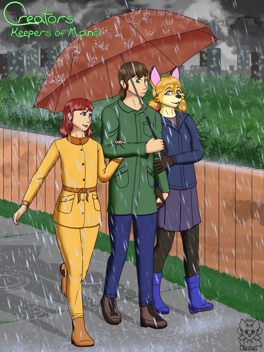 cloud female happy male raining smile umbrella velicity_kino walking young dressari ckom adrian_kino kalie_kino puddles canid canine fox human mammal 3:4 absurd_res hi_res