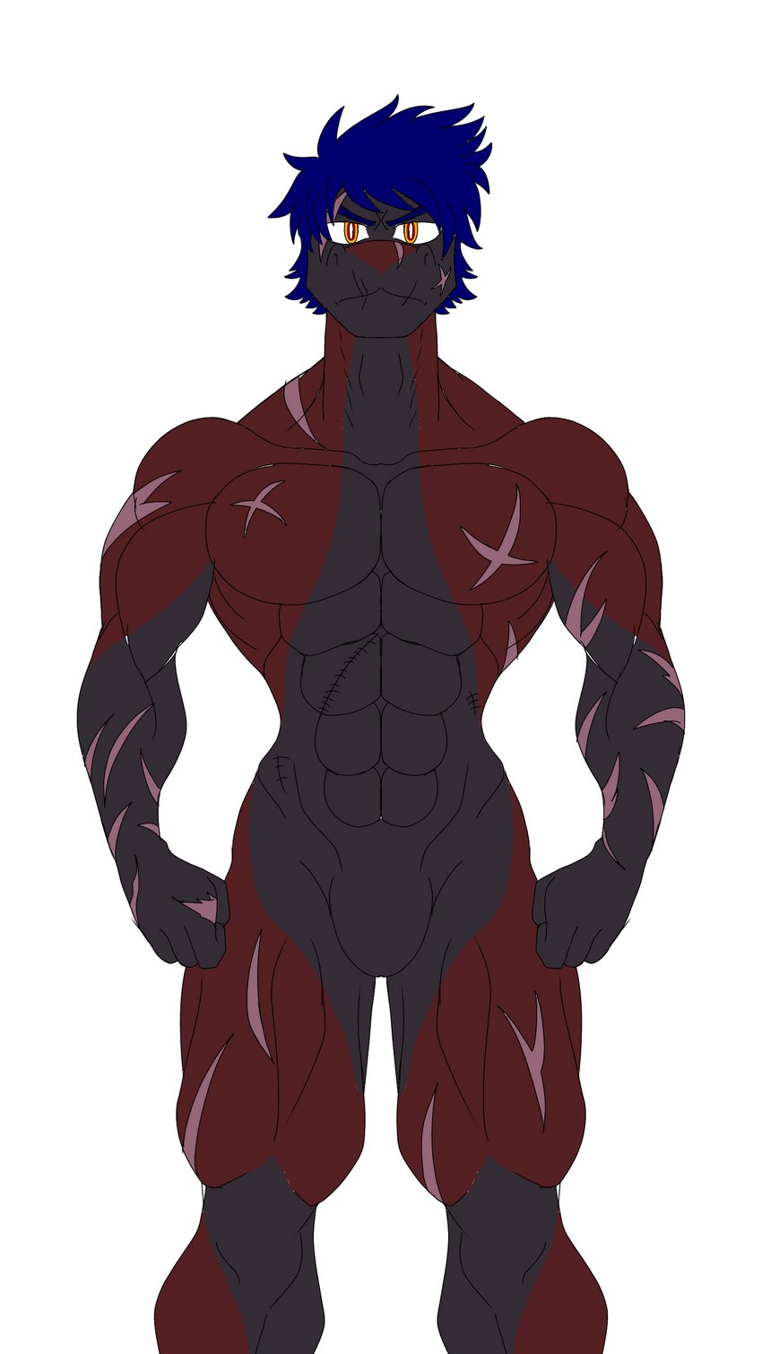 anthro black_body black_fur blue_mane featureless_crotch fur male mane multicolored_body multicolored_fur muscular muscular_male nude red_body red_fur scar scars_all_over solo two_tone_body two_tone_fur yellow_eyes marcy's_lewd_images anubis_(chupadore) canid canine chupadore fox mammal absurd_res hi_res