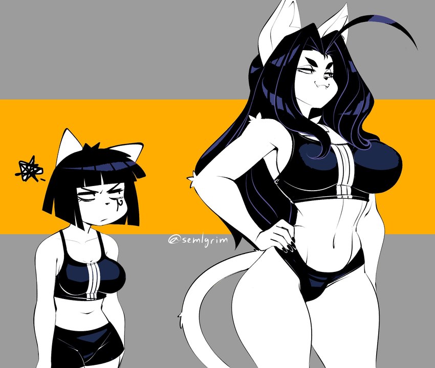 5_fingers :3 ahoge annoyed anthro arm_tuft athletic_wear bangs big_breasts black_hair black_nails bottomwear bra breast_size_difference breasts chest_tuft clothed clothing colored_nails duo elbow_tuft eye_of_horus female fingers fur gym_bottomwear gym_shorts hair hand_on_hip inner_ear_fluff long_hair looking_at_another midriff nails navel short_hair shorts shoulder_tuft simple_background size_difference slouching smile smug smug_face sports_bra sports_panties standing tail thick_thighs tuft underwear white_body white_fur wide_hips sem-l-grim meme_clothing sports_bra_difference_meme kamra_(sem-l-grim) katherine_(sem-l-grim) domestic_cat felid feline felis mammal 2023 hi_res meme signature sibling_(lore) sister_(lore) sisters_(lore)