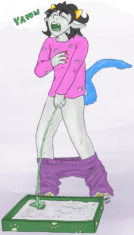 anthro bodily_fluids female genital_fluids horn litter_box peeing solo urine urine_stream watersports conditional_dnp wolftacos homestuck ms_paint_adventures nepeta_leijon alien felid mammal troll_(homestuck) 2014 digital_media_(artwork) hi_res sketch