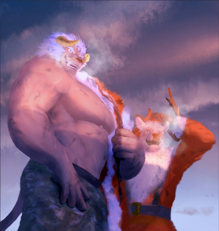 anthro antlers bottomwear clothed clothing duo holidays horn male muscular muscular_male sky standing topless topwear 1393_noam no-zp christmas lifewonders tokyo_afterschool_summoners krampus_(tas) santa_claus yule_(tas) deer felid lion mammal new_world_deer pantherine reindeer 2019 hi_res