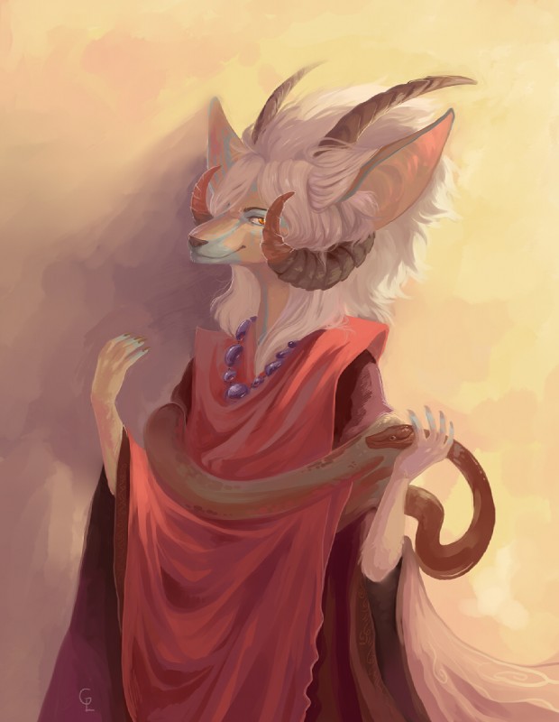 amber_eyes ambiguous_gender anthro big_ears clothing dress duo female feral hair horn jewelry looking_at_viewer necklace simple_background smile white_hair lingrimm shiver_(character) bovid caprine goat hybrid kangaroo macropod mammal marsupial reptile scalie snake