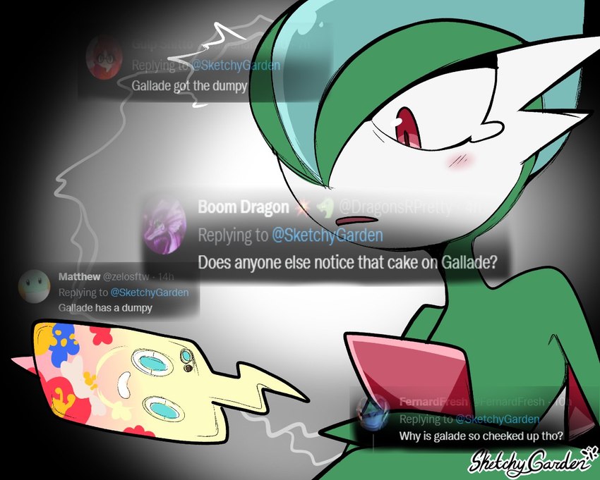 electricity floral_pattern green_body lightning male reacting_to_media red_eyes shocked solo text text_box user_message sketchygarden nintendo pokemon twitter noble_(sketchygarden) rotom_phone gallade generation_4_pokemon humanoid pokemon_(species) rotom 2022 artist_name digital_drawing_(artwork) digital_media_(artwork) english_text signature