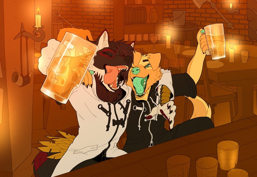 alcohol anthro beer beverage black_body black_fur black_nose brown_body brown_fur brown_hair clothed clothing duo eyelashes eyes_closed fangs floppy_ears fur green_eyes green_nose green_tongue hair inside male open_mouth open_smile orange_body orange_fur pink_tongue sitting smile teeth tongue white_body white_fur yellow_body yellow_fur 0ct0m0n0 canid canine mammal absurd_res hi_res