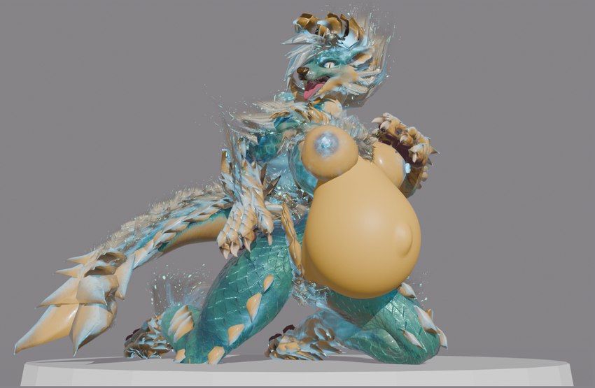 anthro areola belly big_belly bioluminescence blue_areola blue_nipples breasts female glowing hand_on_breast hand_on_hip kneeling looking_at_viewer nipples open_mouth platform pregnant pregnant_anthro pregnant_female scales solo spines tail tongue tongue_out apekweit phrostbite capcom monster_hunter zinogre_(apekweit) fanged_wyvern zinogre 3d_(artwork) blender_(artwork) digital_media_(artwork) hi_res