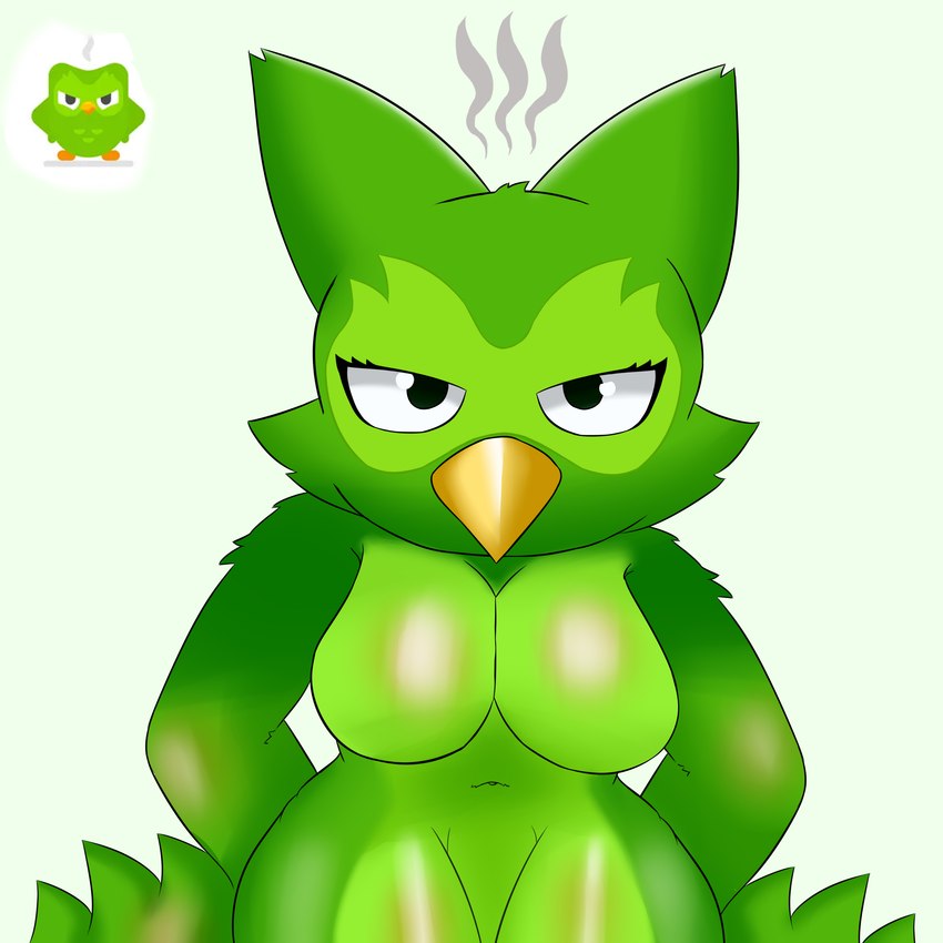 ambiguous_gender angry anthro arm_support beak big_breasts black_eyes breasts crossgender eyelashes facial_markings feathers female glistening glistening_body green_background green_body green_feathers head_markings looking_at_viewer markings mascot mtf_crossgender navel non-mammal_breasts simple_background solo nameigo duolingo duo_(duolingo) avian bird owl 1:1 absurd_res hi_res