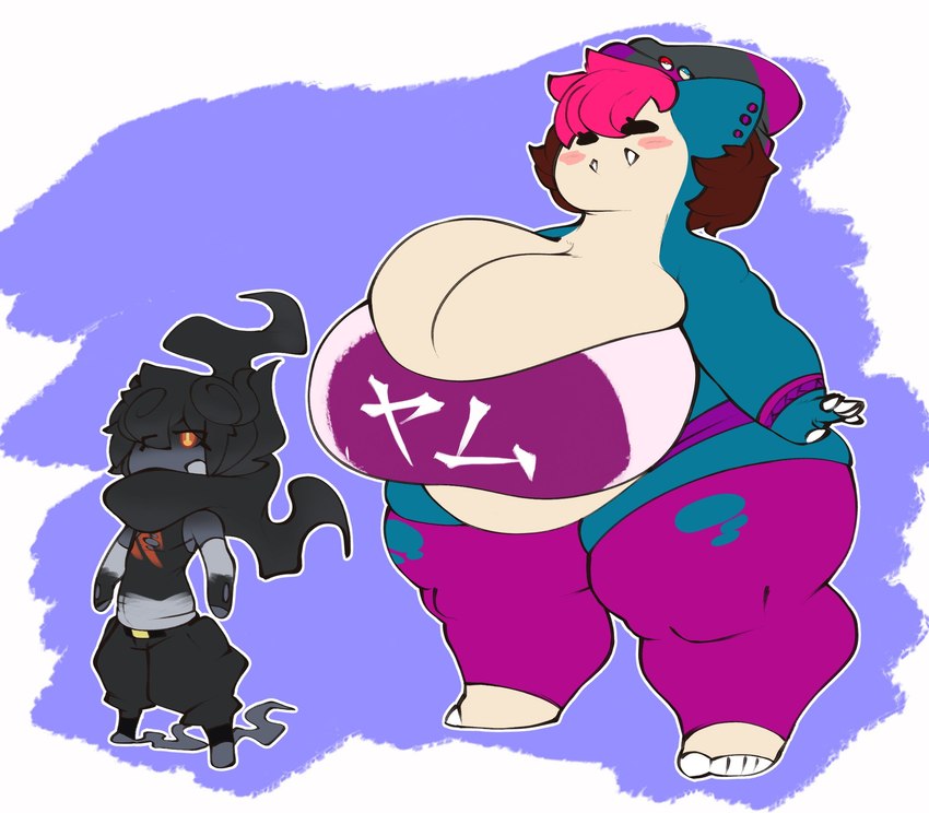 ambiguous_gender anthro belly big_belly big_breasts biped black_hair blue_body breasts brown_hair clothed clothing countershading duo female grey_body hair huge_breasts hyper hyper_breasts larger_female obese obese_anthro obese_female overweight overweight_anthro overweight_female pink_hair pokemorph size_difference smaller_ambiguous tan_body tan_countershading text gomibin_art nintendo pokemon alexa_(gomibin) coal_(gomibin) generation_1_pokemon generation_7_pokemon humanoid legendary_pokemon marshadow pokemon_(species) snorlax hi_res japanese_text translated