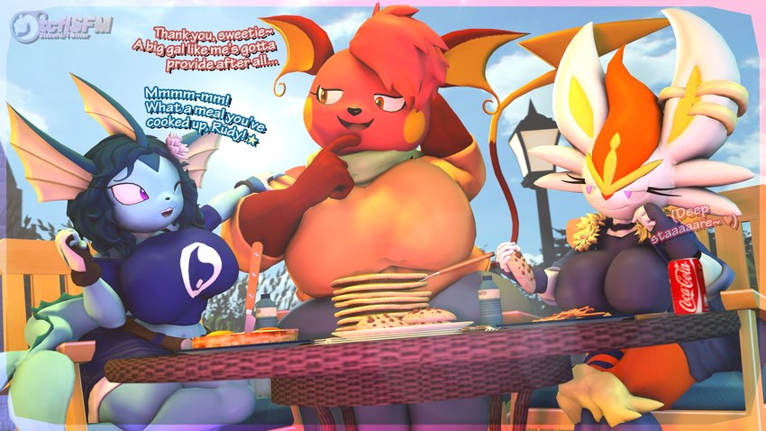 anthro beverage big_breasts blue_body breakfast breasts clothing cookie dialogue eyelashes female flower food gloves group hair half-closed_eyes handwear huge_breasts long_ears multicolored_body narrowed_eyes one_eye_closed open_mouth pancake plant purple_eyes red_body swimwear trio wink tcflsfm nintendo pokemon ria_(tcflsfm) rudy_fox_(jamiebirby) cinderace eeveelution generation_1_pokemon generation_8_pokemon pokemon_(species) raichu vaporeon 16:9 2024 3d_(artwork) 4k absurd_res digital_media_(artwork) hi_res source_filmmaker_(artwork) widescreen