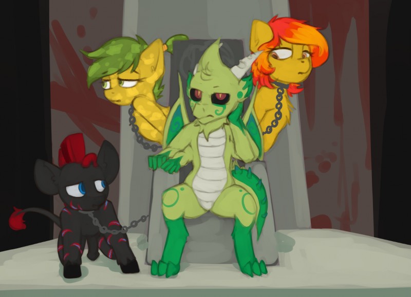 all_fours anthro anthrofied chain chair collar female feral furniture genitals group hair male penis sitting slave throne marsminer hasbro my_little_pony fan_character firetale udoroth zeki_(mlp) equid equine horse mammal pony zebra pepper_(disambiguation) hi_res