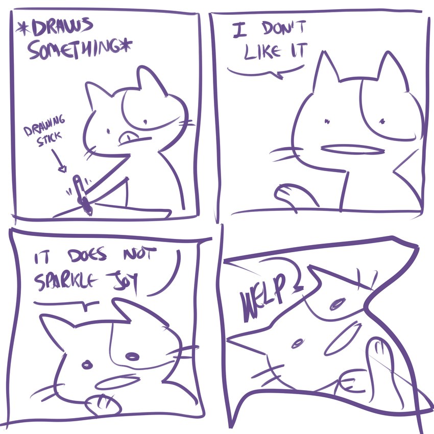 4_panel_comic ambiguous_gender anthro dialogue directional_arrow dot_eyes holding_object holding_pen open_mouth paws pen simple_background solo speech_bubble standing tablet_pen talking_to_self text tongue tongue_out whiskers white_background flavia-elric domestic_cat felid feline felis mammal 1:1 2020 comic english_text hi_res