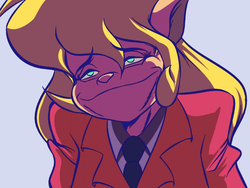 anthro blonde_hair blue_eyes clothed clothing eyebrows female hair necktie parody raised_inner_eyebrows simple_background solo suit pepipopo hanna-barbera mr._osomatsu swat_kats callie_briggs domestic_cat felid feline felis mammal 2016 4:3 reaction_image