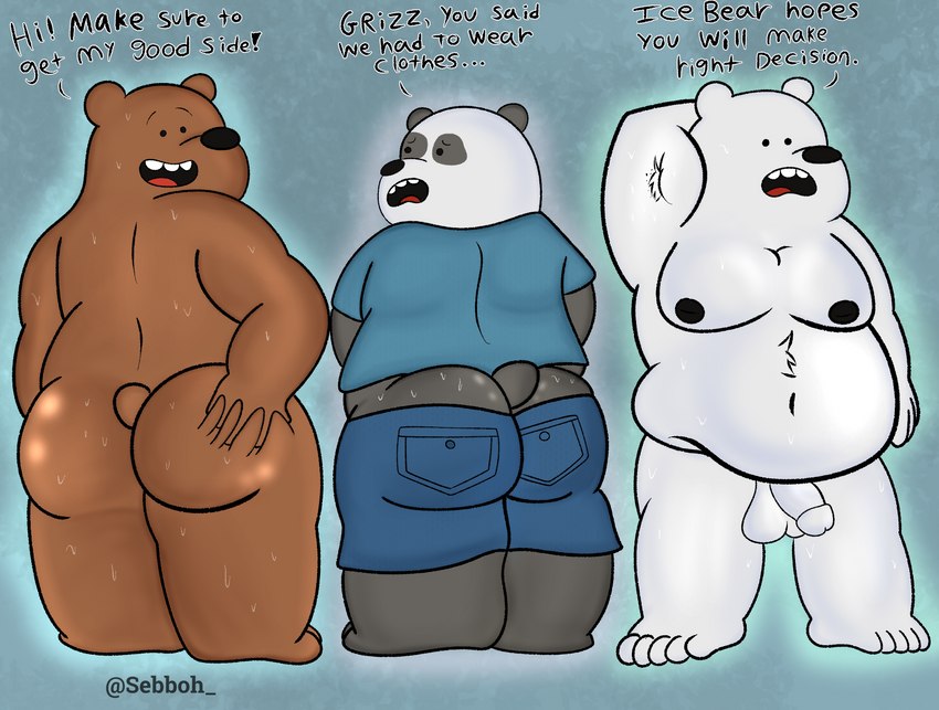 anthro balls bodily_fluids butt dialogue embarrassed genitals group happy male male/male moobs nipples penis sweat sweatdrop sweaty_butt text trio sebboh cartoon_network we_bare_bears grizzly_(we_bare_bears) ice_bear_(we_bare_bears) panda_(we_bare_bears) bear mammal english_text hi_res