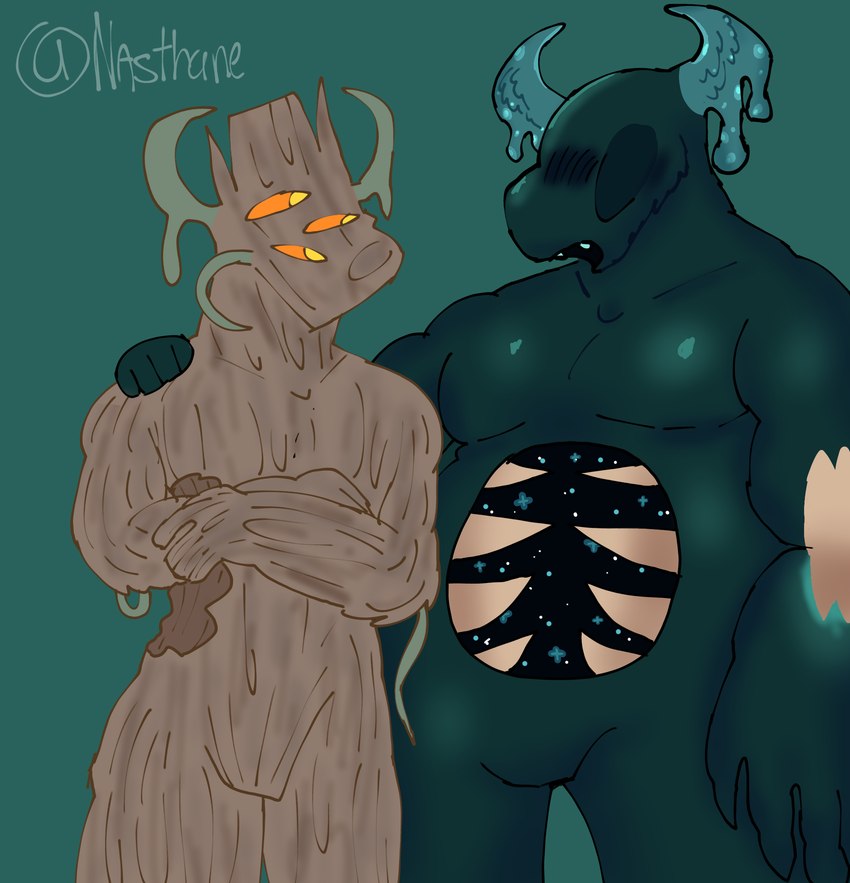 3_eyes anthro blind blush disability horn male male/male multi_eye open_mouth plant standing teeth wood nasthane microsoft minecraft mojang xbox_game_studios creaking_(minecraft) elemental_creature flora_fauna warden_(minecraft) hi_res