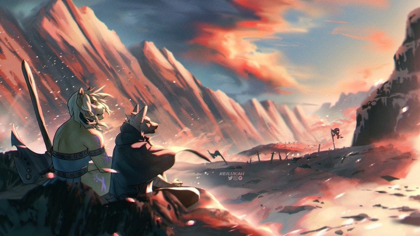 after_battle anthro armor big_axe cemetery clothed clothing duo ears_up female fur hair looking_away male mountain one_eye_closed sitting weapon reilukah canid canine canis felid mammal pantherine tiger wolf 16:9 digital_media_(artwork) shaded wallpaper widescreen