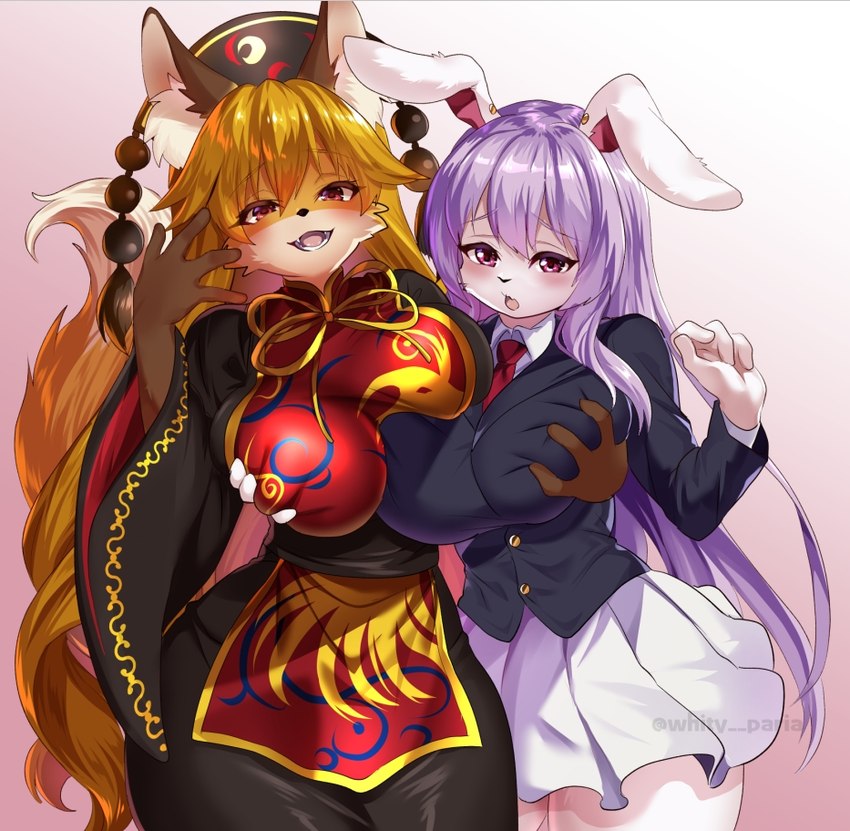 anthro big_breasts blush bottomwear breast_grab breast_squish breasts breasts_frottage clothed clothing duo female female/female hair hand_on_breast kemono purple_hair skirt squish ruri_tsubame touhou junko_(touhou) reisen_udongein_inaba canid canine fox lagomorph leporid mammal rabbit