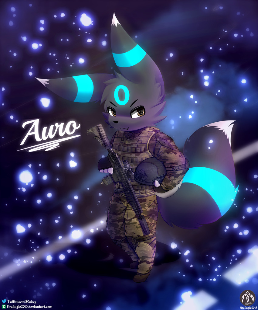 anthro anthrofied armor army body_armor camo headgear helmet male pokemorph ranged_weapon smile solo text weapon senz nintendo pokemon auro_(auropaw) eeveelution generation_2_pokemon pokemon_(species) shiny_pokemon umbreon absurd_res hi_res url