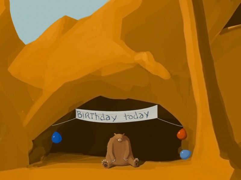 ambiguous_gender balloon banner birthday birthday_party black_eyes black_nose blue_mood brown_body brown_fur cave feral fur inflatable outside overweight overweight_ambiguous overweight_feral party sad sitting solo text nedroid bear mammal 4:3 english_text wallpaper warm_colors