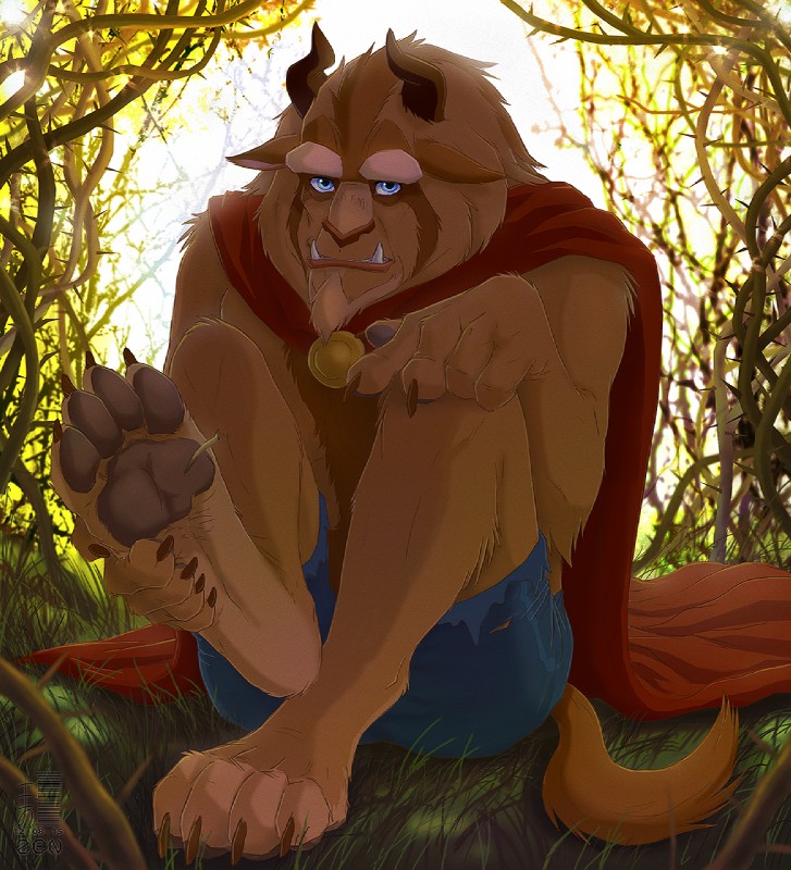 anthro barefoot beard biped blue_eyes bottomwear brown_body brown_fur cape claws clothed clothing digitigrade facial_hair feet foot_focus fur grass hindpaw horn looking_at_viewer male muscular muscular_anthro muscular_male outside pants pawpads paws plant sitting solo splinters teeth toe_claws toes torn_clothing zenthetiger beauty_and_the_beast disney beast_(disney) monster 2015 hi_res signature