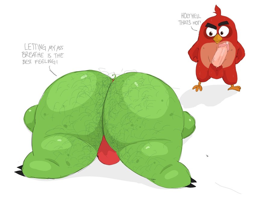 anthro balls big_butt bulge butt clothing dialogue duo erection genitals green_body male male/male penis red_body text underwear animehikaridesu angry_birds rovio_entertainment sega the_angry_birds_movie king_leonard_mudbeard pig_(angry_birds) red_(angry_birds) avian domestic_pig mammal suid suina sus_(pig) 2023 english_text hi_res