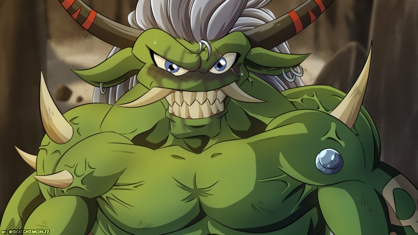 ear_piercing fangs green_body green_skin hair male muscular muscular_humanoid muscular_male pecs piercing solo teeth vein veiny_muscles white_hair zoalord95 bandai_namco digimon digimon_(species) humanoid ogremon 16:9 hi_res widescreen