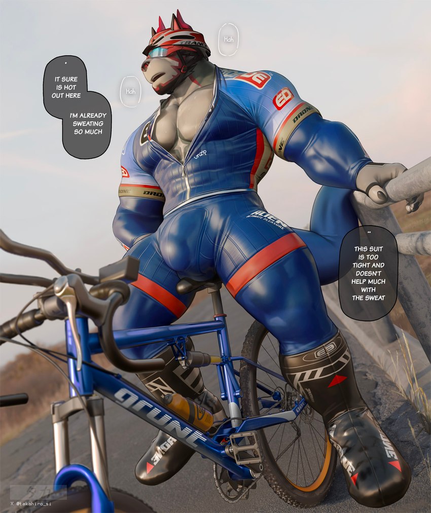 anthro armor biceps bicycle black_boots black_clothing black_footwear blue_clothing blue_skinsuit boots bulge chest_markings claws clothing countershade_torso countershading day finger_claws footwear fur grass green_body green_fur headgear helmet horn logo male markings muscular muscular_anthro muscular_male on_bicycle outside pecs plant red_horn red_stripes road skinsuit sky solo speech_bubble stripes text tight_clothing vehicle visor visor_helmet white_body white_countershading white_fur zipper_down takahirosi o_(takahirosi) canid canine demon hybrid mammal 2024 3d_(artwork) artist_logo digital_media_(artwork) english_text hi_res url