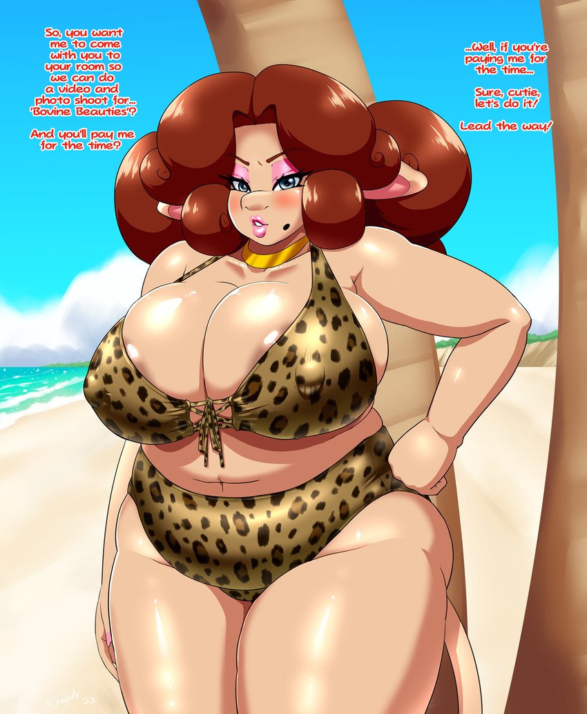 anthro beach belly big_belly big_breasts bikini breasts clothing curled_hair female hair huge_breasts looking_at_viewer makeup markings mole_(marking) navel nipple_outline obese overweight overweight_female solo swimwear text thick_thighs two-piece_swimsuit speeds ms._moona bovid bovine cattle mammal english_text hi_res