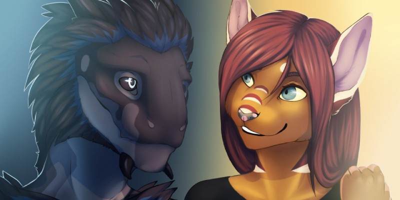 anthro clothed clothing duo female hair male simple_background smile teeth hitmore felid iguana iguanid lizard mammal reptile scalie 2:1