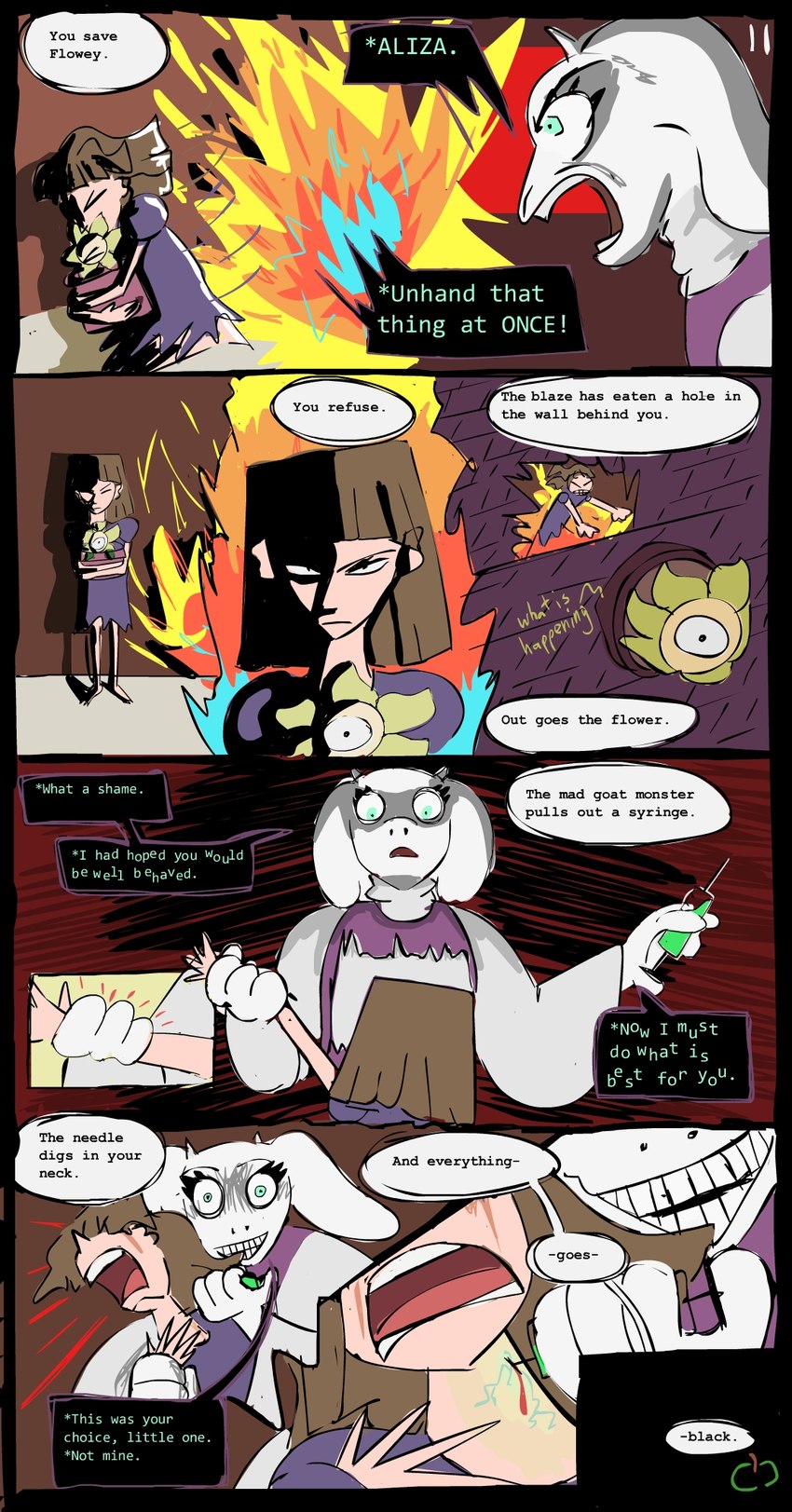 alternate_universe barefoot blood bodily_fluids brown_hair clothed clothing dialogue feet female fire flower fur hair open_mouth plant plant_pot speech_bubble syringe teeth text white_body white_fur sour-apple-studios horrortale undertale undertale_(series) aliza_(horrortale) flowey_the_flower toriel toriel_(horrortale) boss_monster_(undertale) bovid caprine elemental_creature flora_fauna flower_creature human mammal comic english_text hi_res